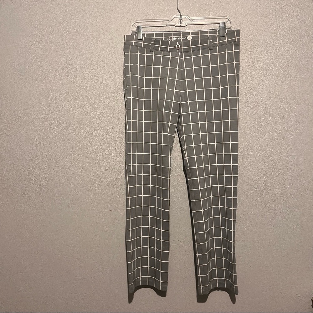 Betabrand Grey White Windowpane Journey Straight Leg Dress Yoga Work Pant Sz LP